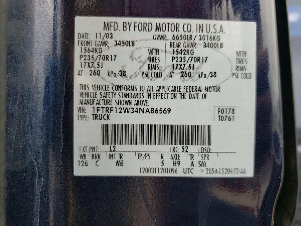 Photo 10 from auction – 2004 FORD F150 with VIN 1FTRF12W34NA86569