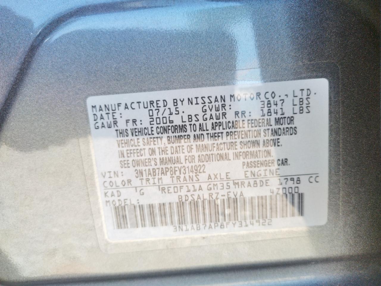 Photo 10 from auction – 2015 NISSAN SENTRA S with VIN 3N1AB7AP8FY314922