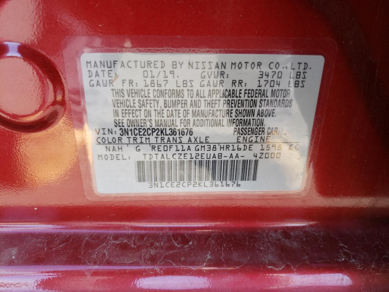 Photo 10 from auction – 2019 NISSAN VERSA NOTE with VIN 3N1CE2CP2KL361676