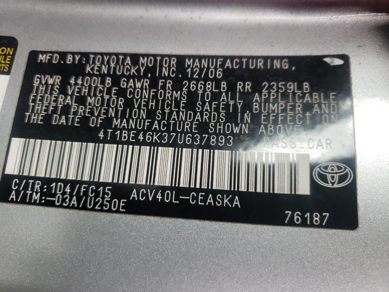 Photo 10 from auction – 2007 TOYOTA CAMRY CE with VIN 4T1BE46K37U637893