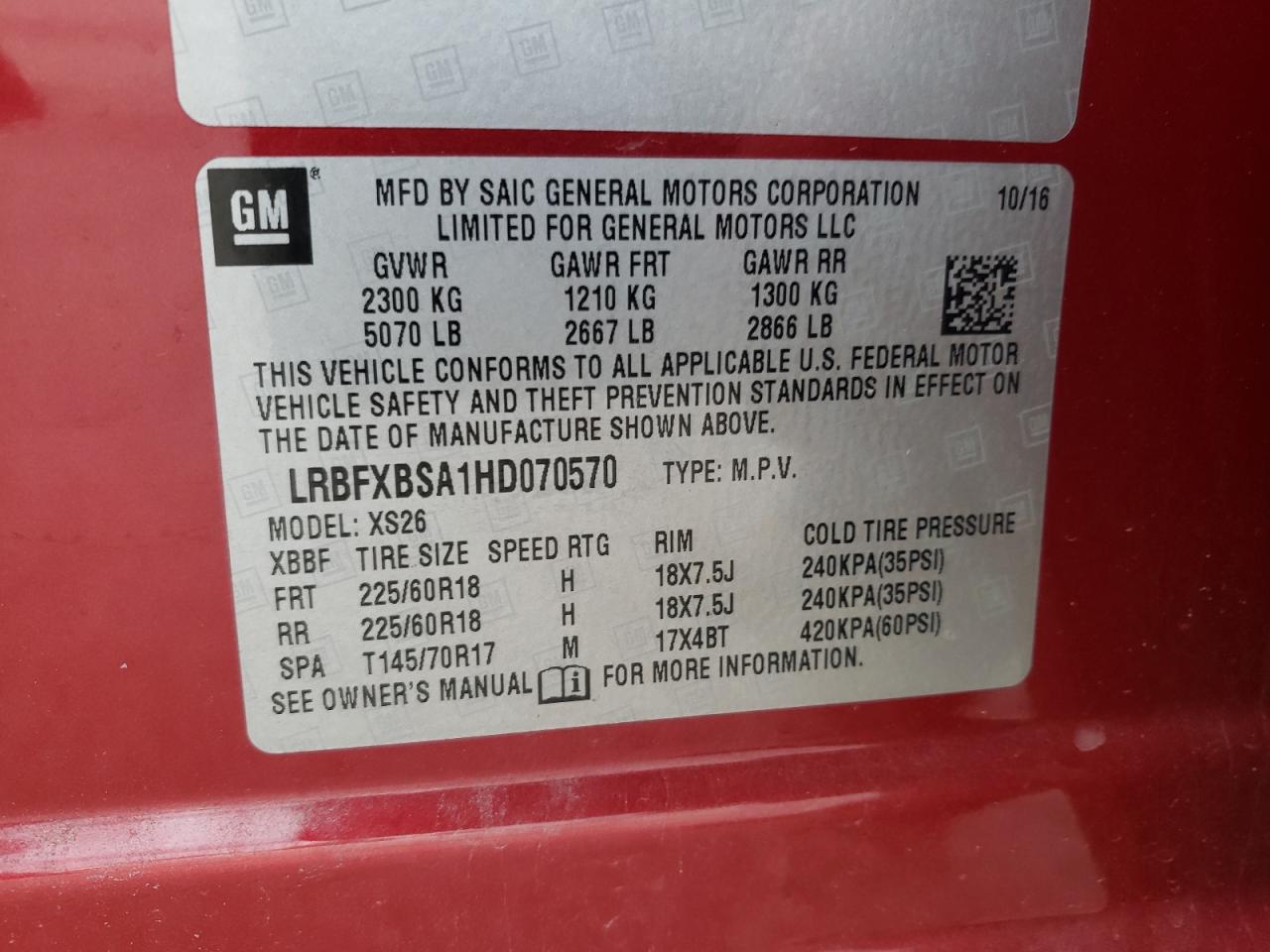 Photo 10 from auction – 2017 BUICK ENVISION E with VIN LRBFXBSA1HD070570