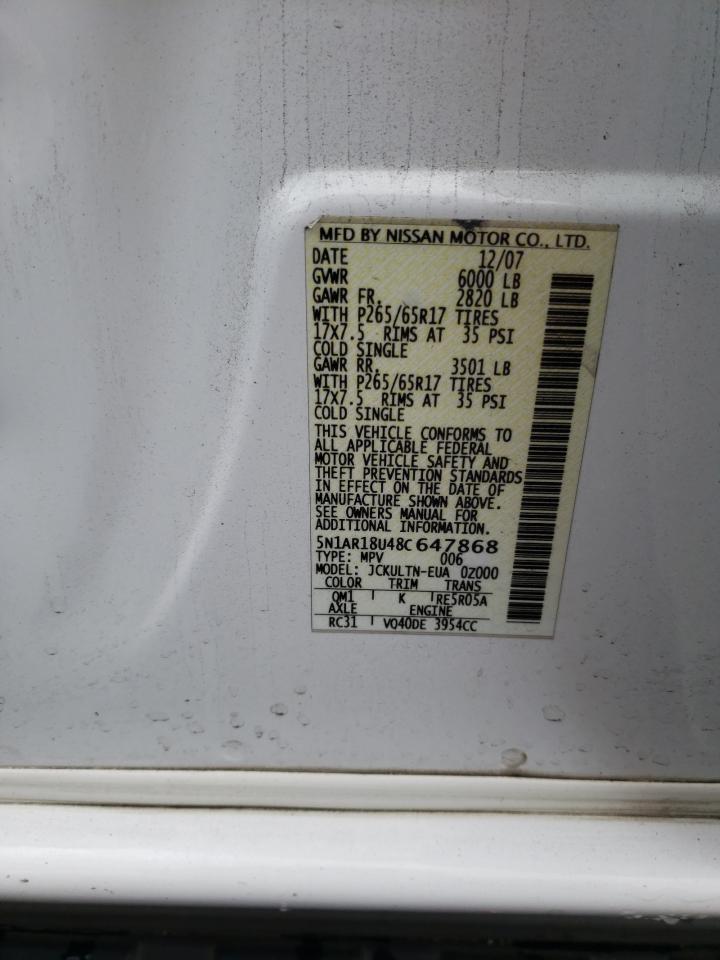 Photo 10 from auction – 2008 NISSAN PATHFINDER with VIN 5N1AR18U48C647868
