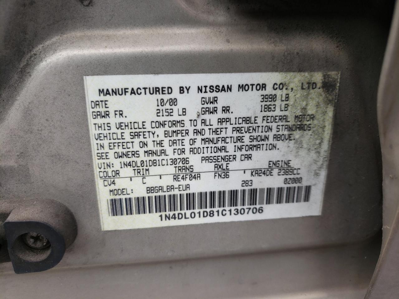 Photo 10 from auction – 2001 NISSAN ALTIMA XE with VIN 1N4DL01D81C130706