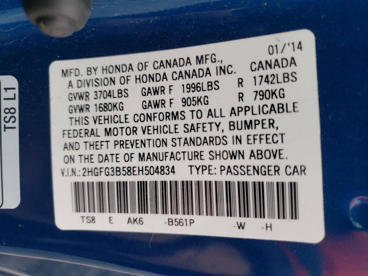 Photo 10 from auction – 2014 HONDA CIVIC LX with VIN 2HGFG3B58EH504834