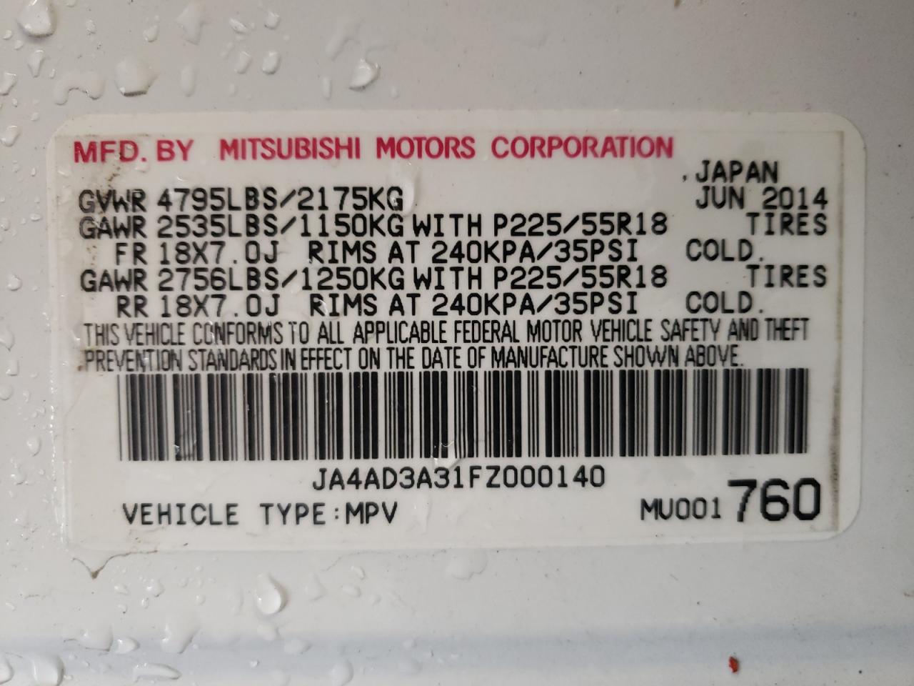 Photo 10 from auction – 2015 MITSUBISHI OUTLANDER with VIN JA4AD3A31FZ000140