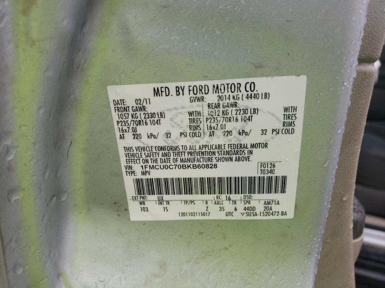 Photo 10 from auction – 2011 FORD ESCAPE XLS with VIN 1FMCU0C70BKB60828