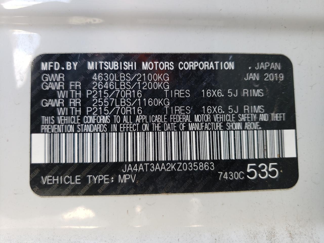 Photo 10 from auction – 2019 MITSUBISHI ECLIPSE CR with VIN JA4AT3AA2KZ035863