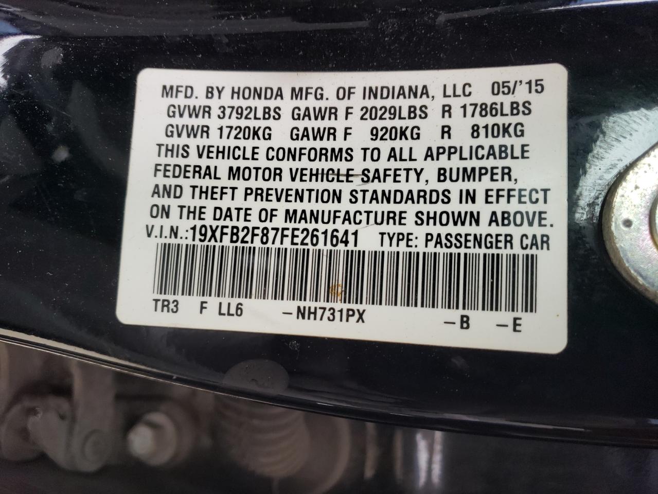 Photo 10 from auction – 2015 HONDA CIVIC EX with VIN 19XFB2F87FE261641