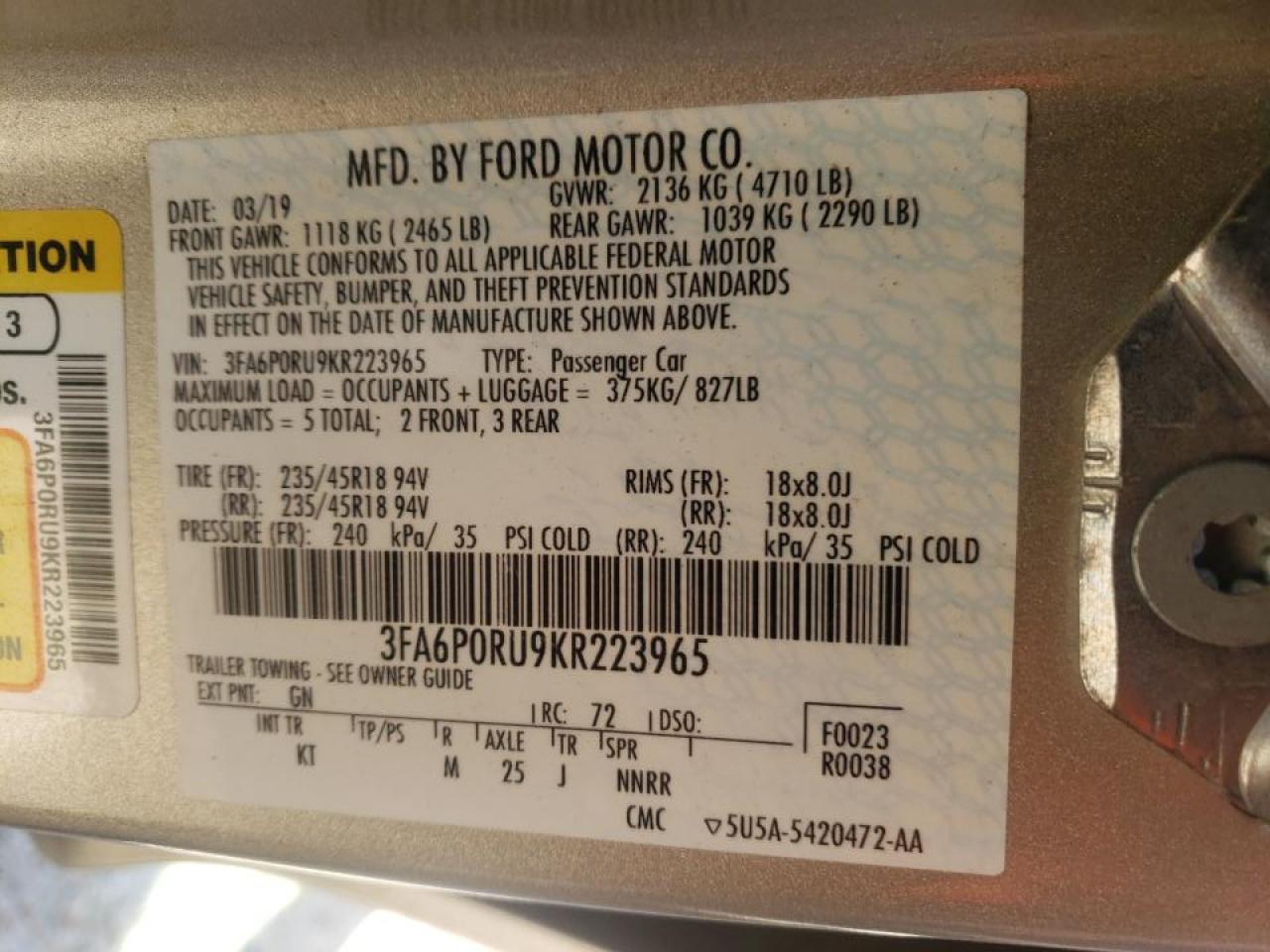 Photo 10 from auction – 2019 FORD FUSION TIT with VIN 3FA6P0RU9KR223965