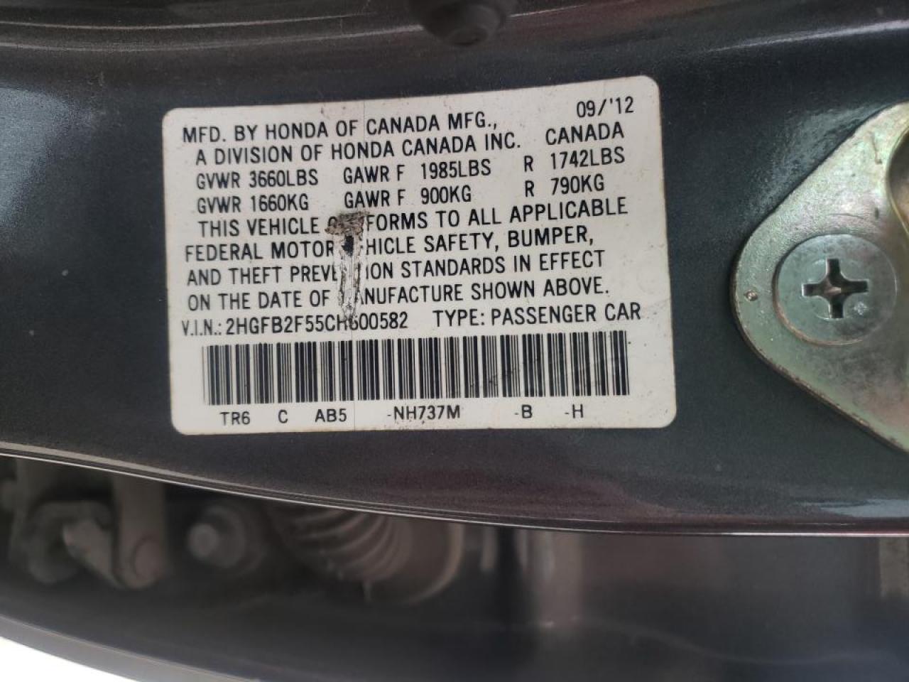 Photo 10 from auction – 2012 HONDA CIVIC LX with VIN 2HGFB2F55CH600582