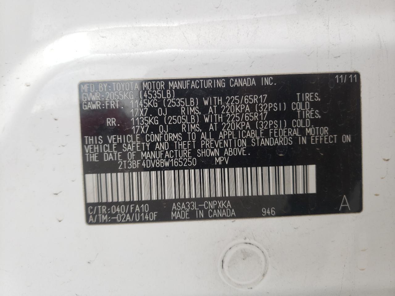 Photo 10 from auction – 2011 TOYOTA RAV4 with VIN 2T3BF4DV8BW165250