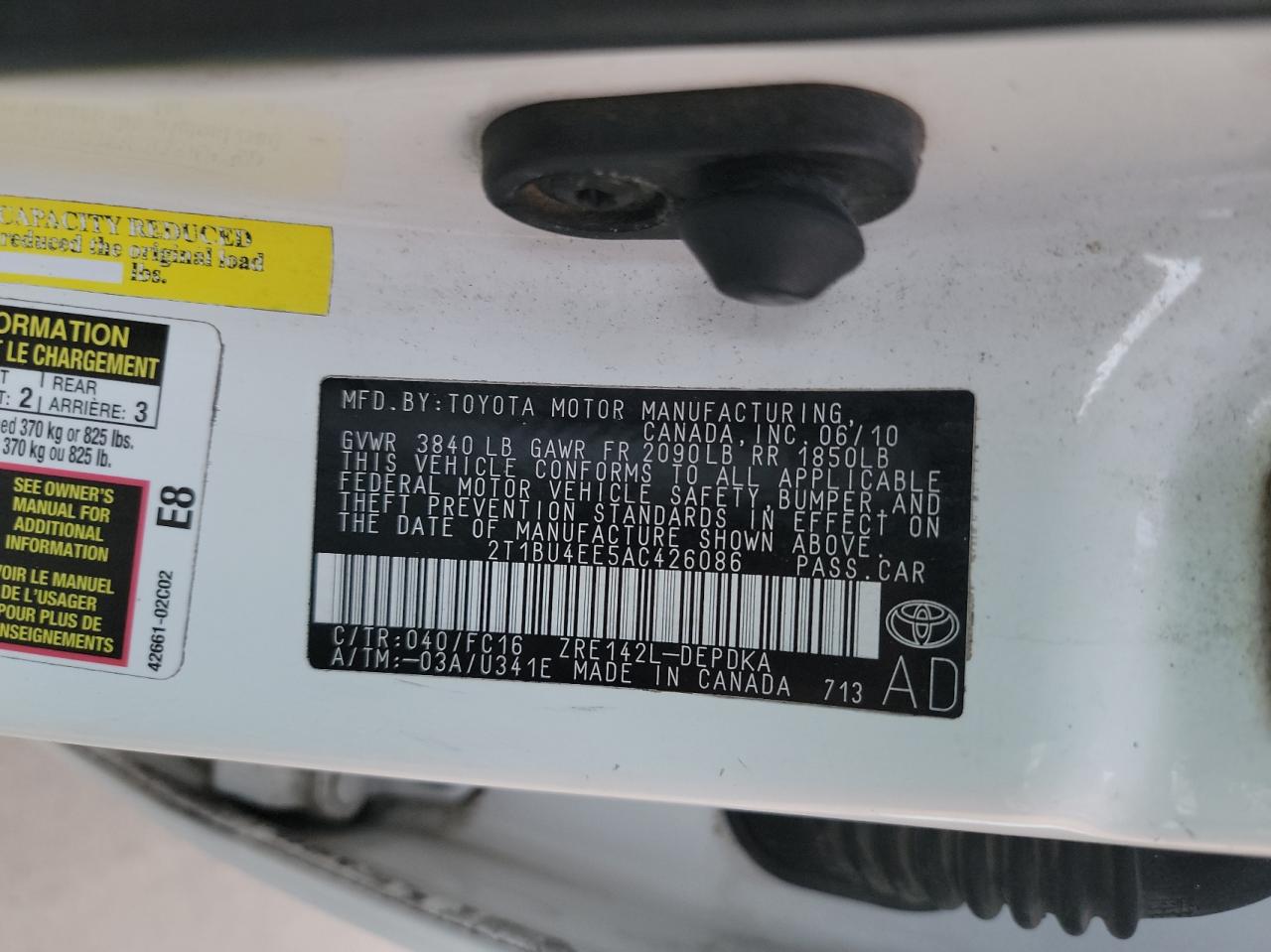 Photo 10 from auction – 2010 TOYOTA COROLLA BA with VIN 2T1BU4EE5AC426086