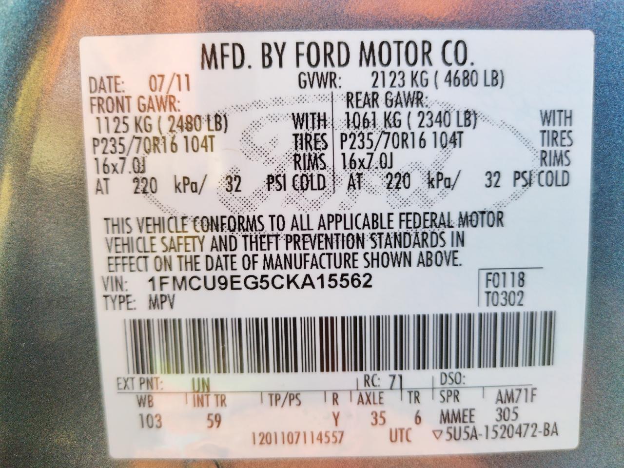 Zdjęcie 10 z aukcji – 2012 FORD ESCAPE LIM z VIN 1FMCU9EG5CKA15562