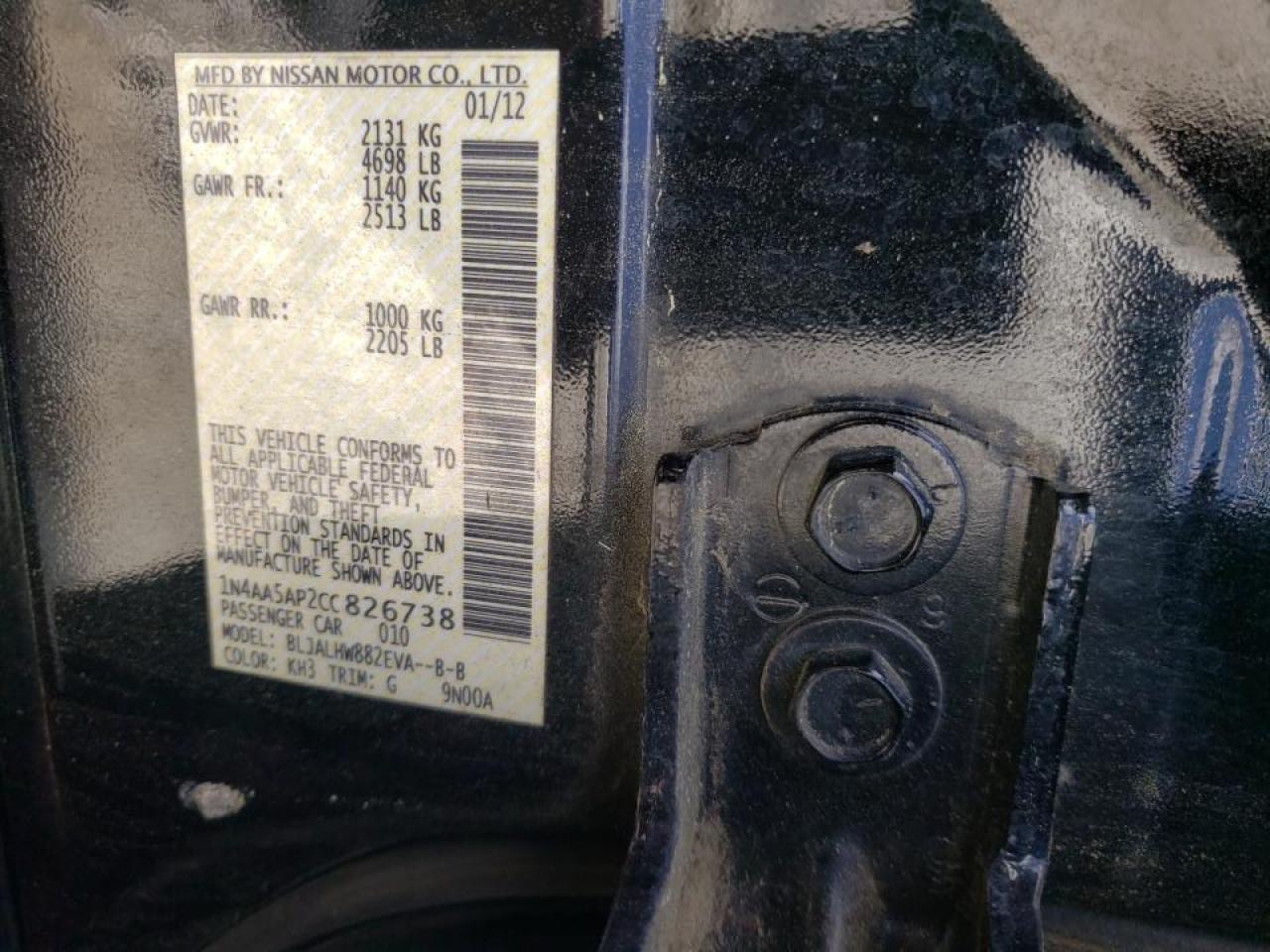 Photo 10 from auction – 2012 NISSAN MAXIMA S with VIN 1N4AA5AP2CC826738