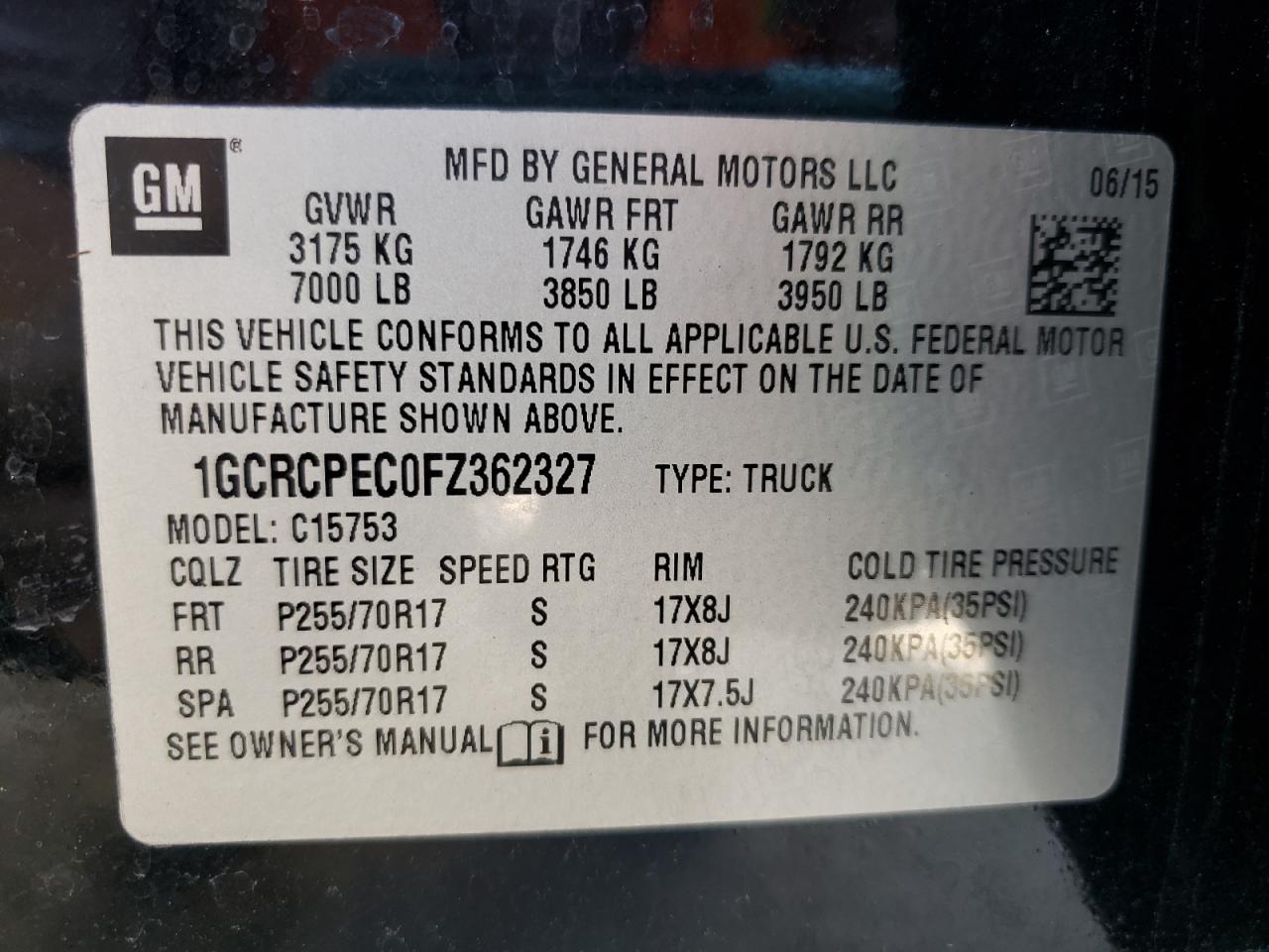 Photo 10 from auction – 2015 CHEVROLET SILVERADO with VIN 1GCRCPEC0FZ362327