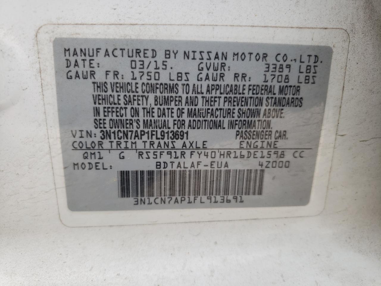 Photo 10 from auction – 2015 NISSAN VERSA S with VIN 3N1CN7AP1FL913691