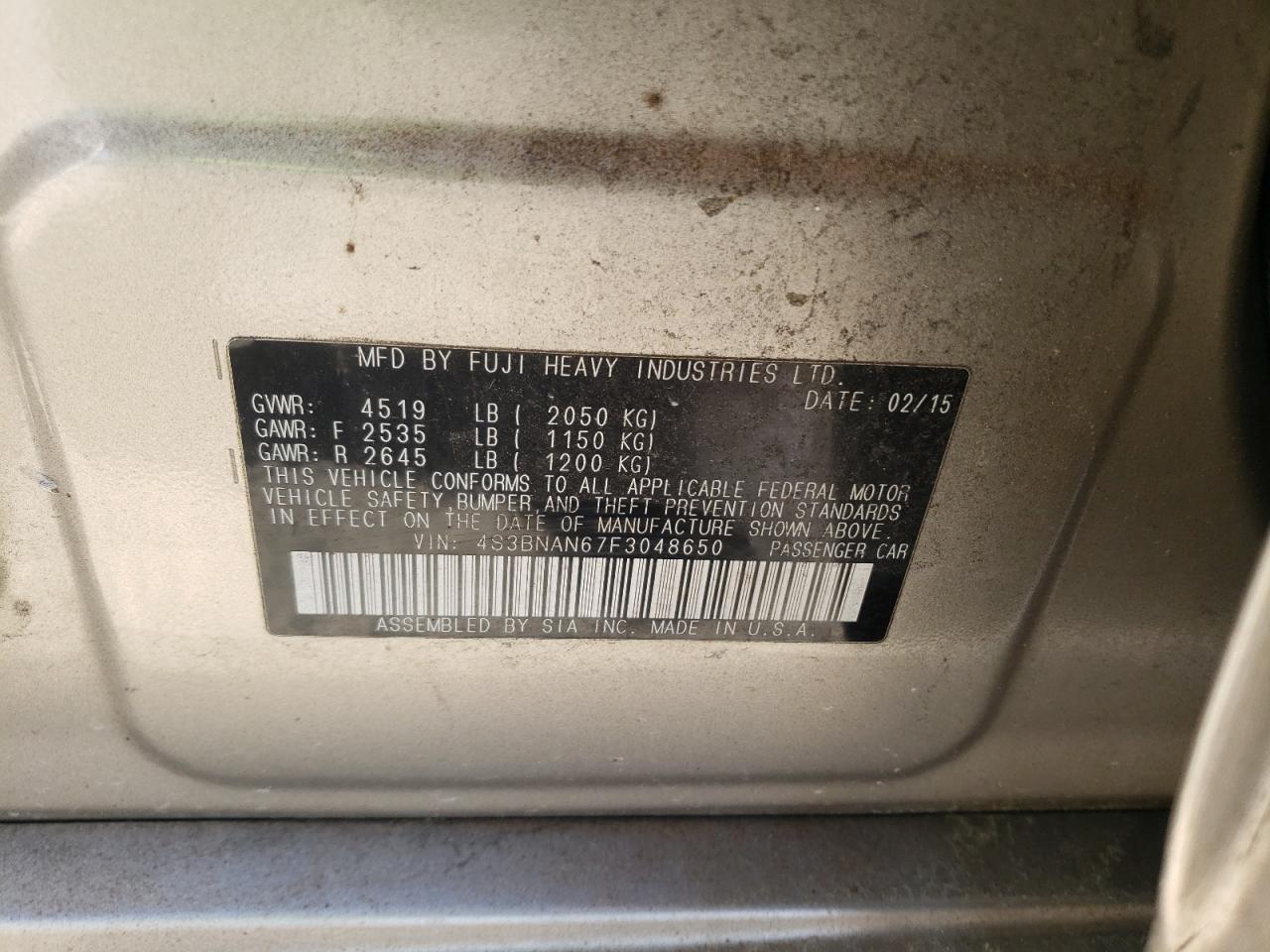 Photo 10 from auction – 2015 SUBARU LEGACY 2.5 with VIN 4S3BNAN67F3048650