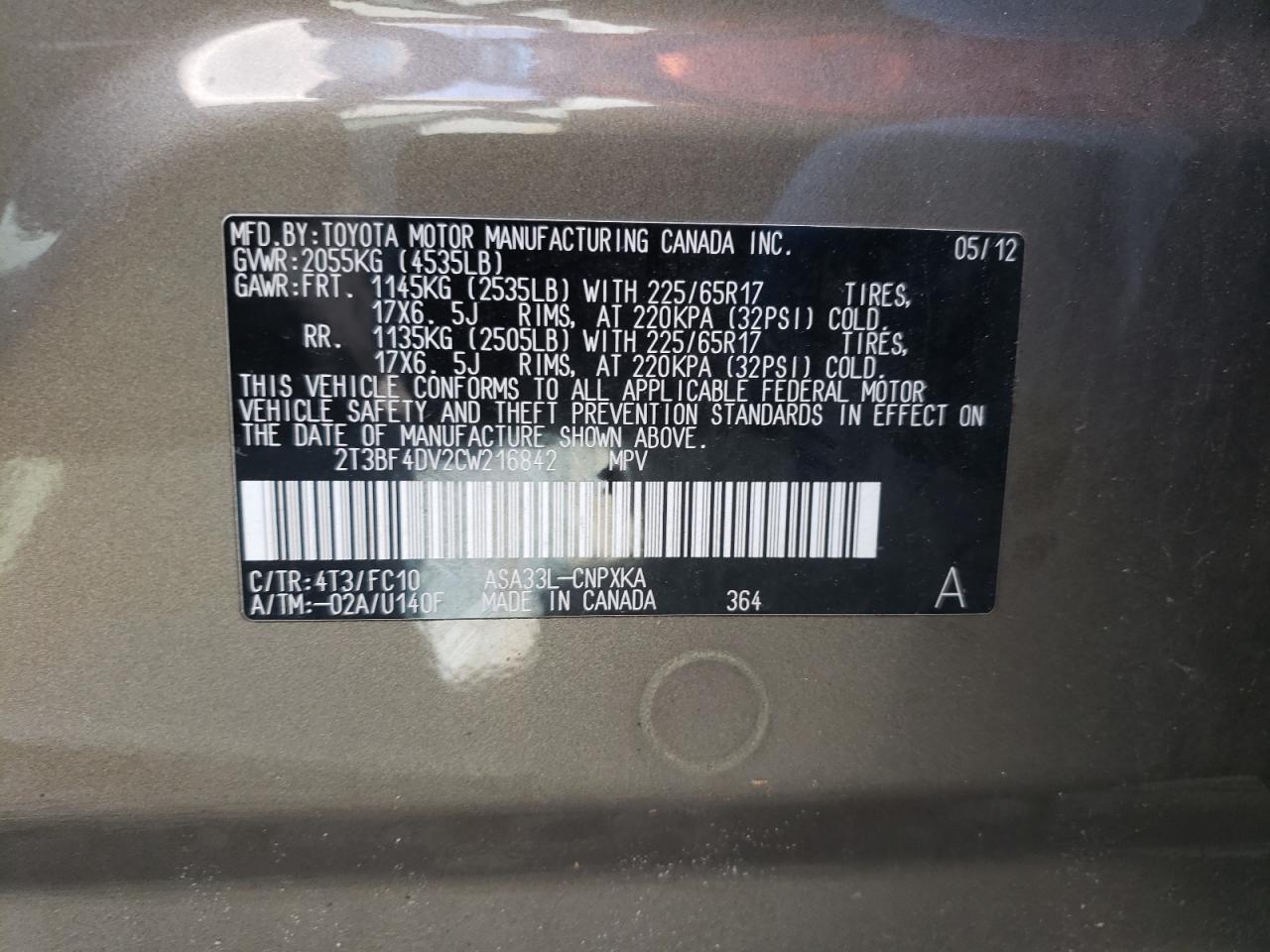 Photo 10 from auction – 2012 TOYOTA RAV4 with VIN 2T3BF4DV2CW216842