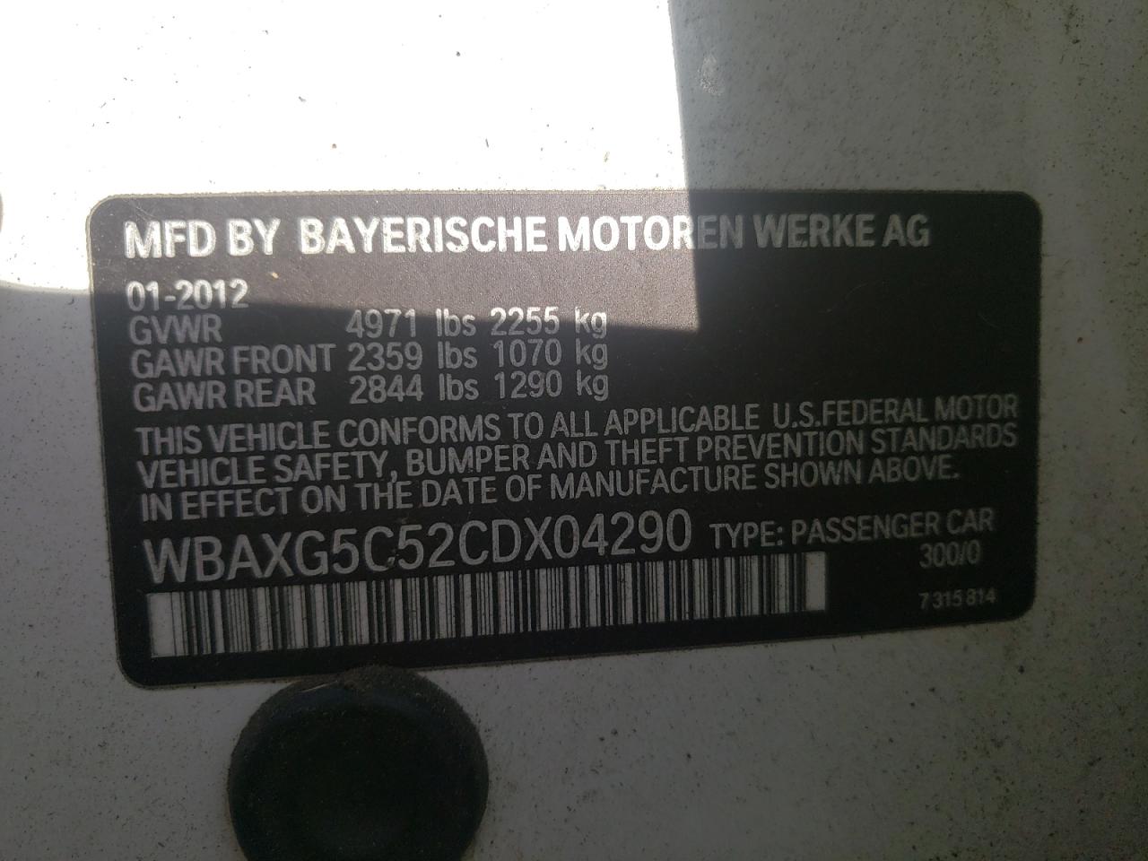 Photo 10 from auction – 2012 BMW 528 I with VIN WBAXG5C52CDX04290