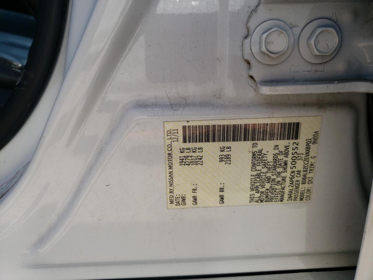 Photo 10 from auction – 2012 NISSAN ALTIMA BAS with VIN 1N4AL2AP6CN500552