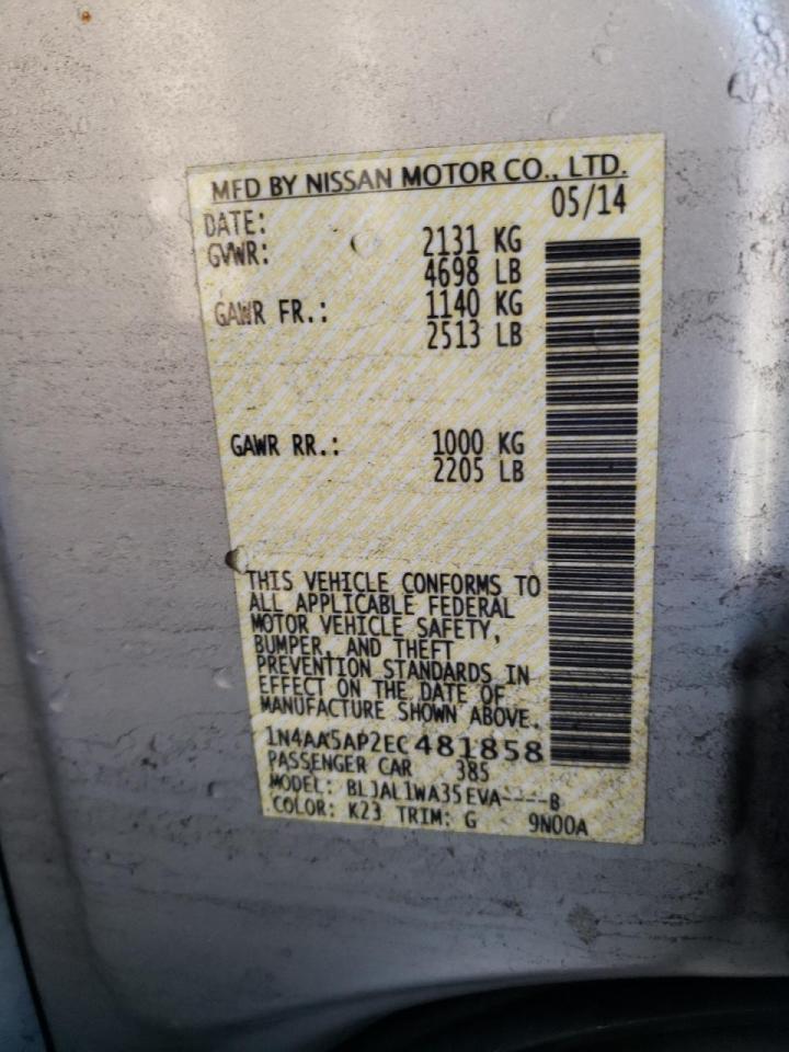 Photo 10 from auction – 2014 NISSAN MAXIMA S with VIN 1N4AA5AP2EC481858