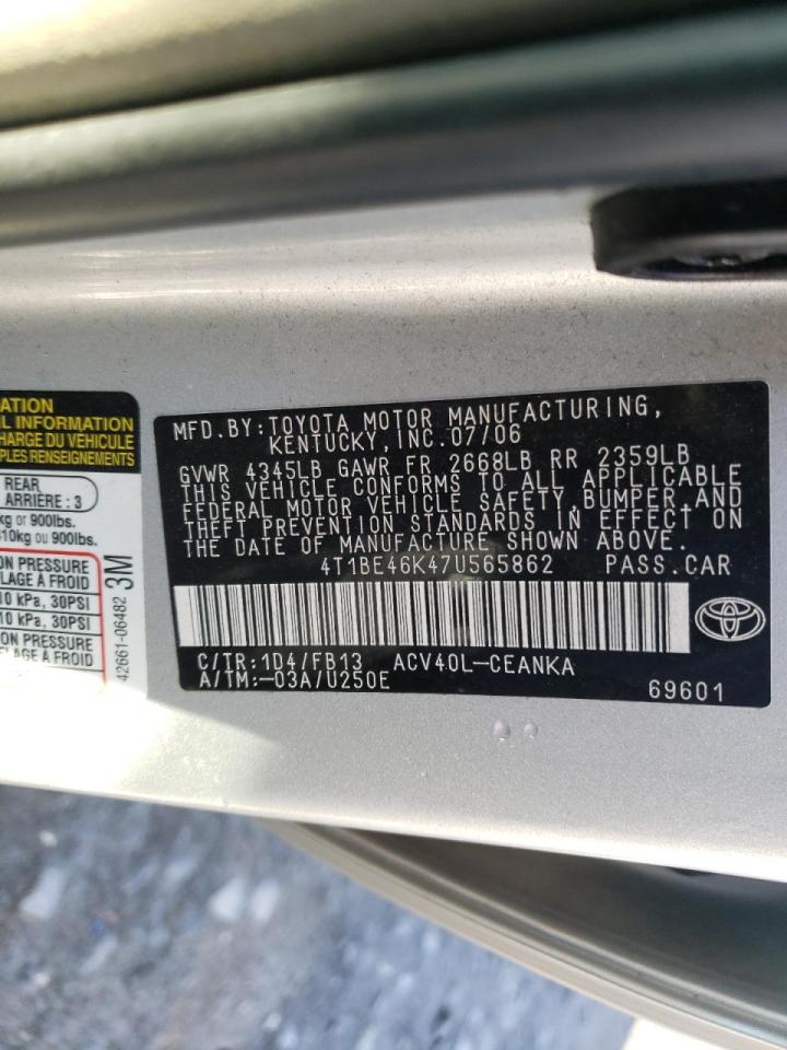Photo 10 from auction – 2007 TOYOTA CAMRY CE with VIN 4T1BE46K47U565862