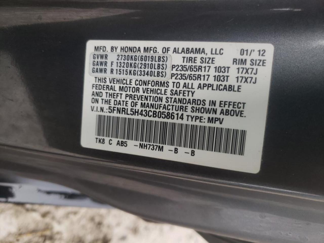 Photo 10 from auction – 2012 HONDA ODYSSEY EX with VIN 5FNRL5H43CB058614