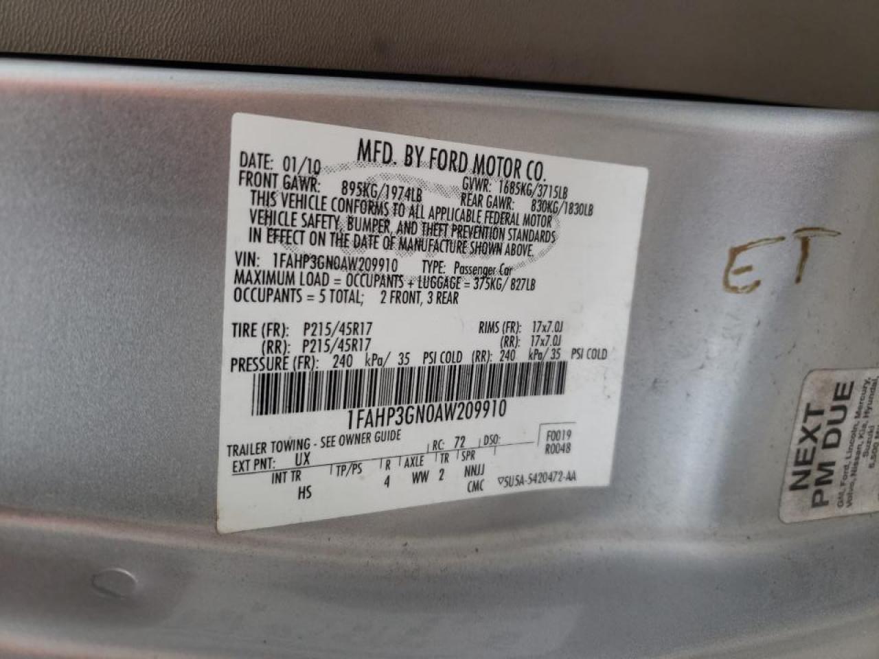 Photo 10 from auction – 2010 FORD FOCUS SES with VIN 1FAHP3GN0AW209910