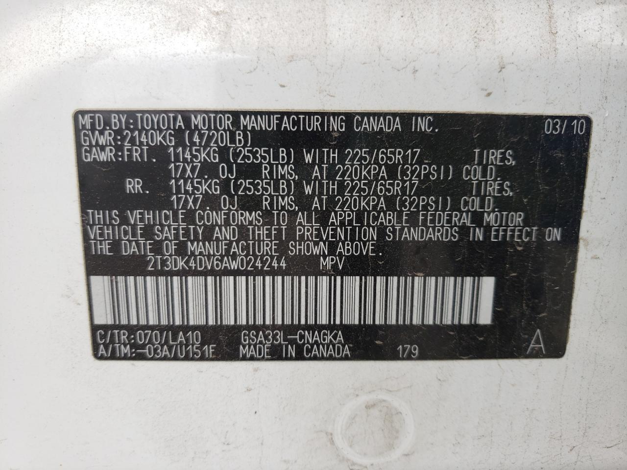 Photo 10 from auction – 2010 TOYOTA RAV4 LIMIT with VIN 2T3DK4DV6AW024244