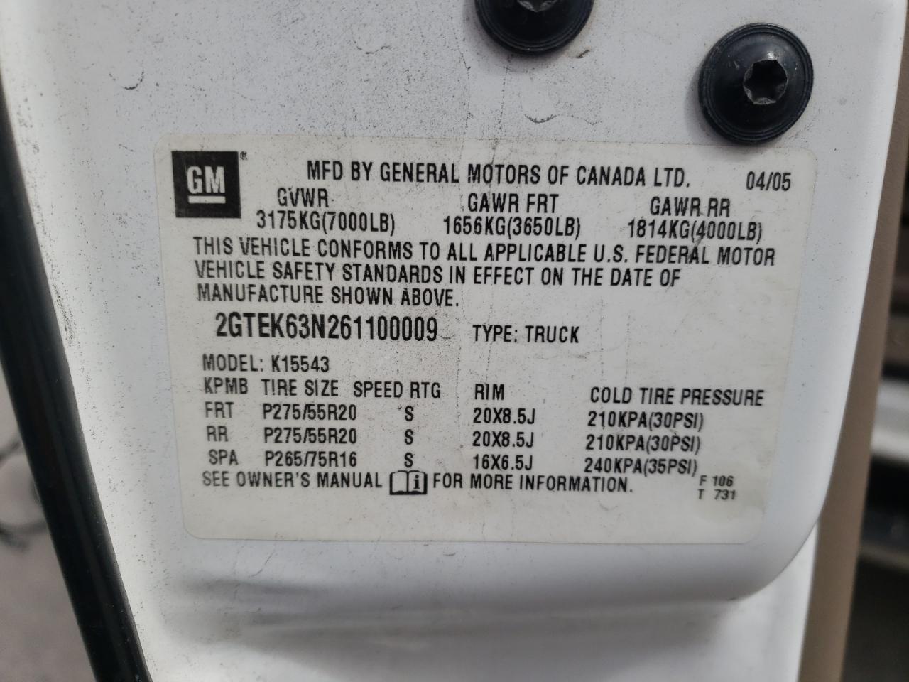 Photo 10 from auction – 2006 GMC SIERRA K15 with VIN 2GTEK63N261100009