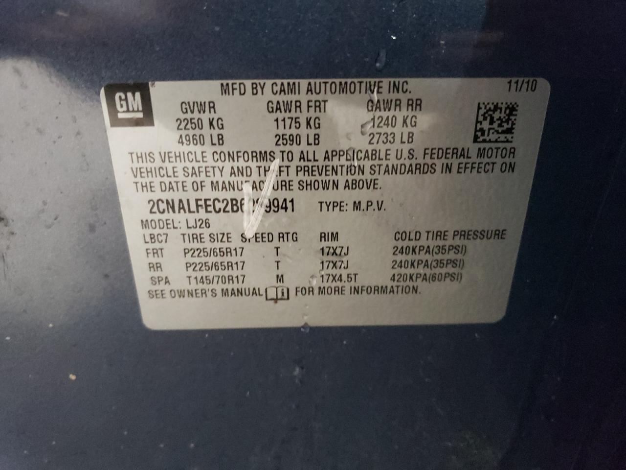 Photo 10 from auction – 2011 CHEVROLET EQUINOX LT with VIN 2CNALFEC2B6289941