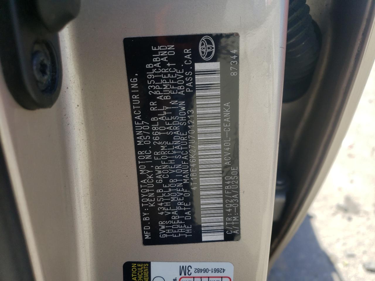 Photo 10 from auction – 2007 TOYOTA CAMRY CE with VIN 4T1BE46K27U701213