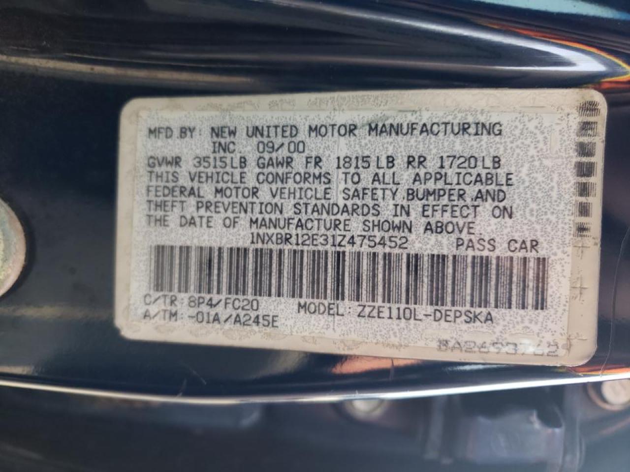 Photo 10 from auction – 2001 TOYOTA COROLLA CE with VIN 1NXBR12E31Z475452