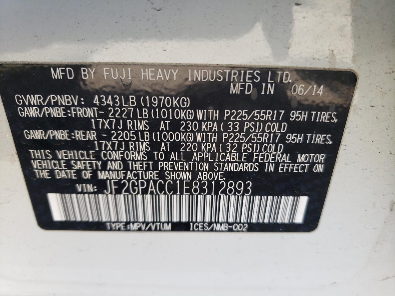 Photo 10 from auction – 2014 SUBARU XV CROSSTR with VIN JF2GPACC1E8312893