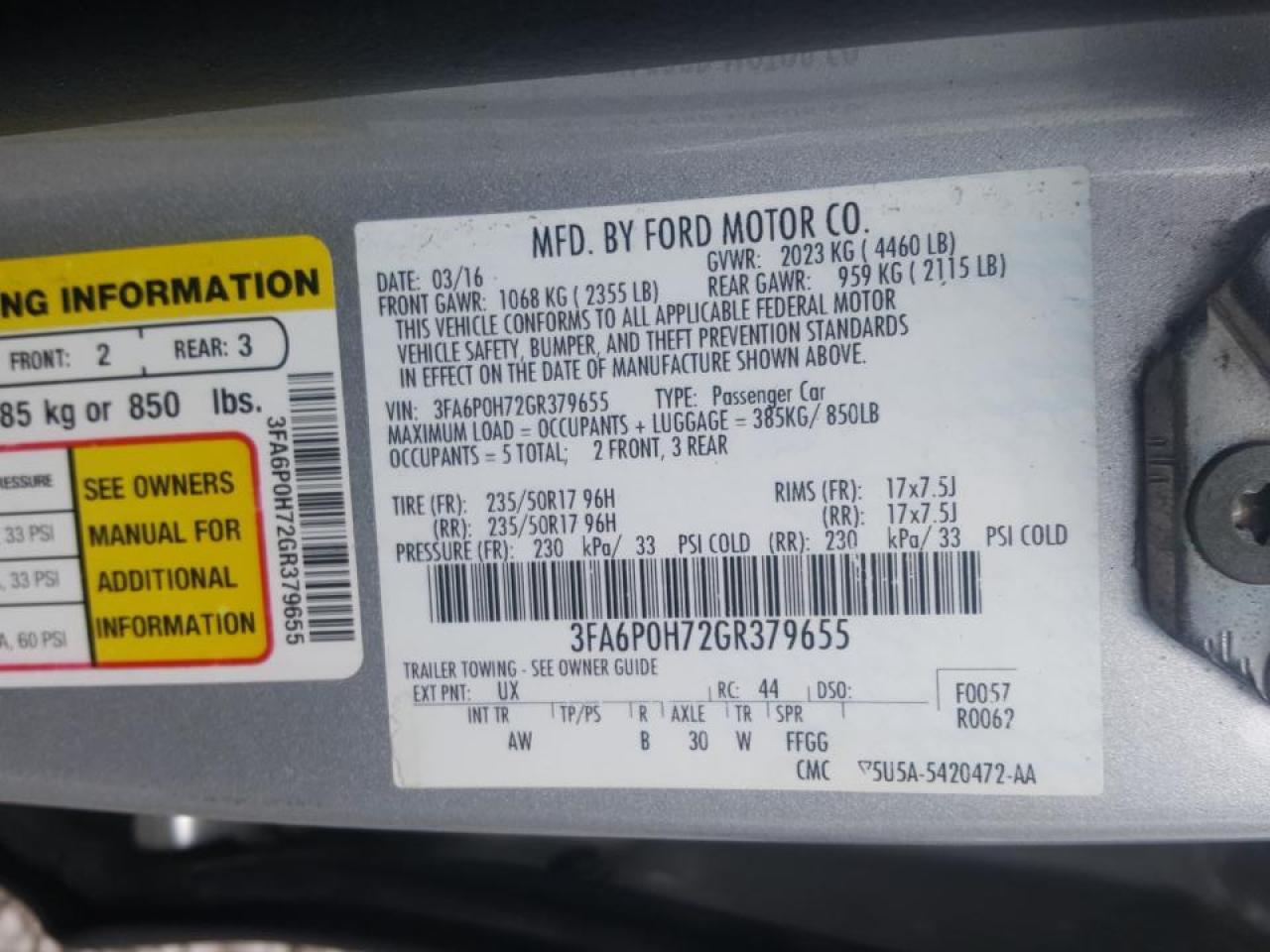 Photo 10 from auction – 2016 FORD FUSION SE with VIN 3FA6P0H72GR379655