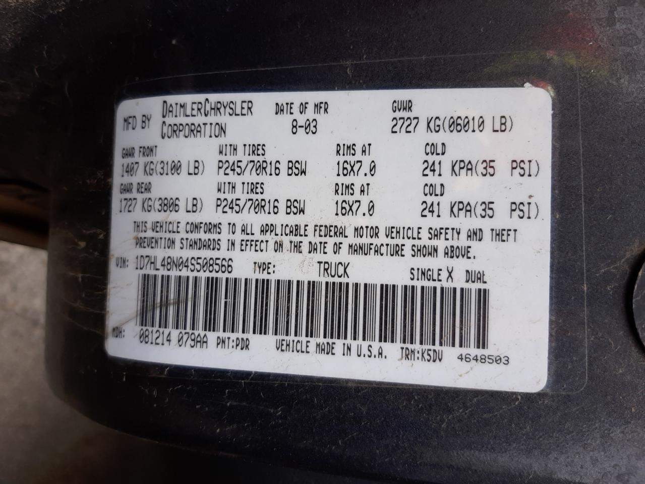 Photo 10 from auction – 2004 DODGE DAKOTA QUA with VIN 1D7HL48N04S508566