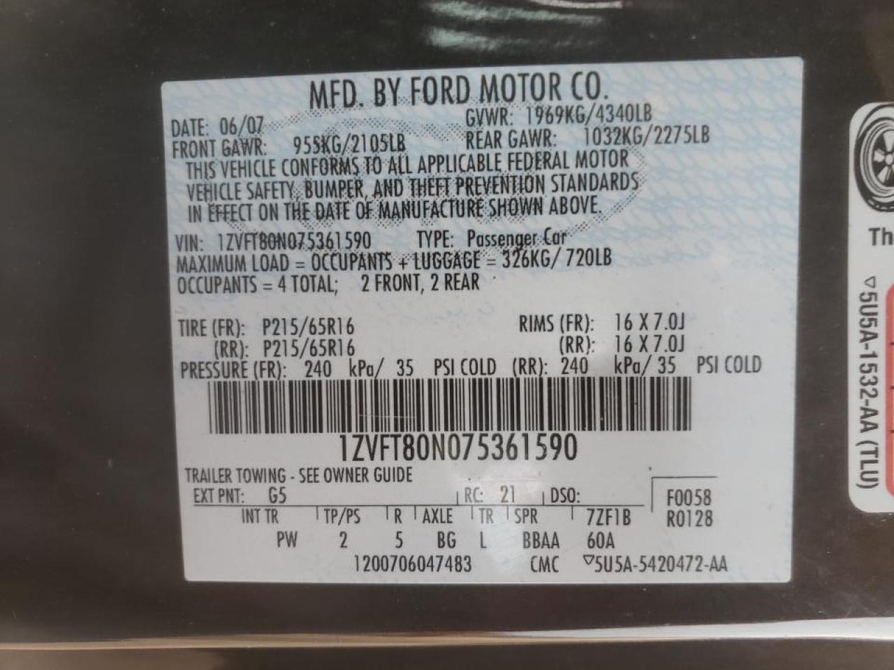 Photo 10 from auction – 2007 FORD MUSTANG with VIN 1ZVFT80N075361590