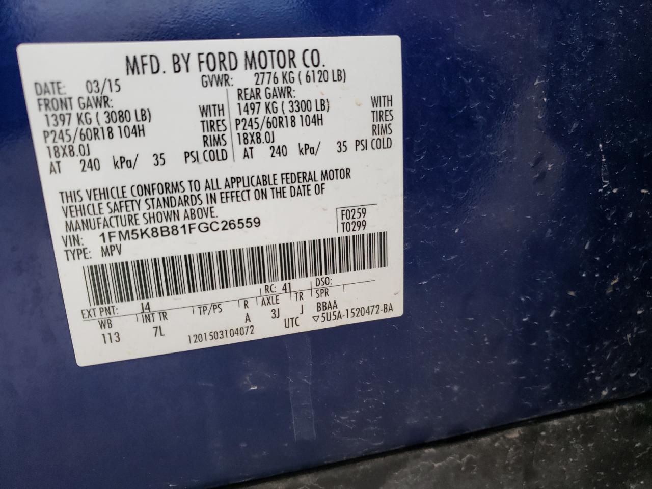 Photo 10 from auction – 2015 FORD EXPLORER with VIN 1FM5K8B81FGC26559