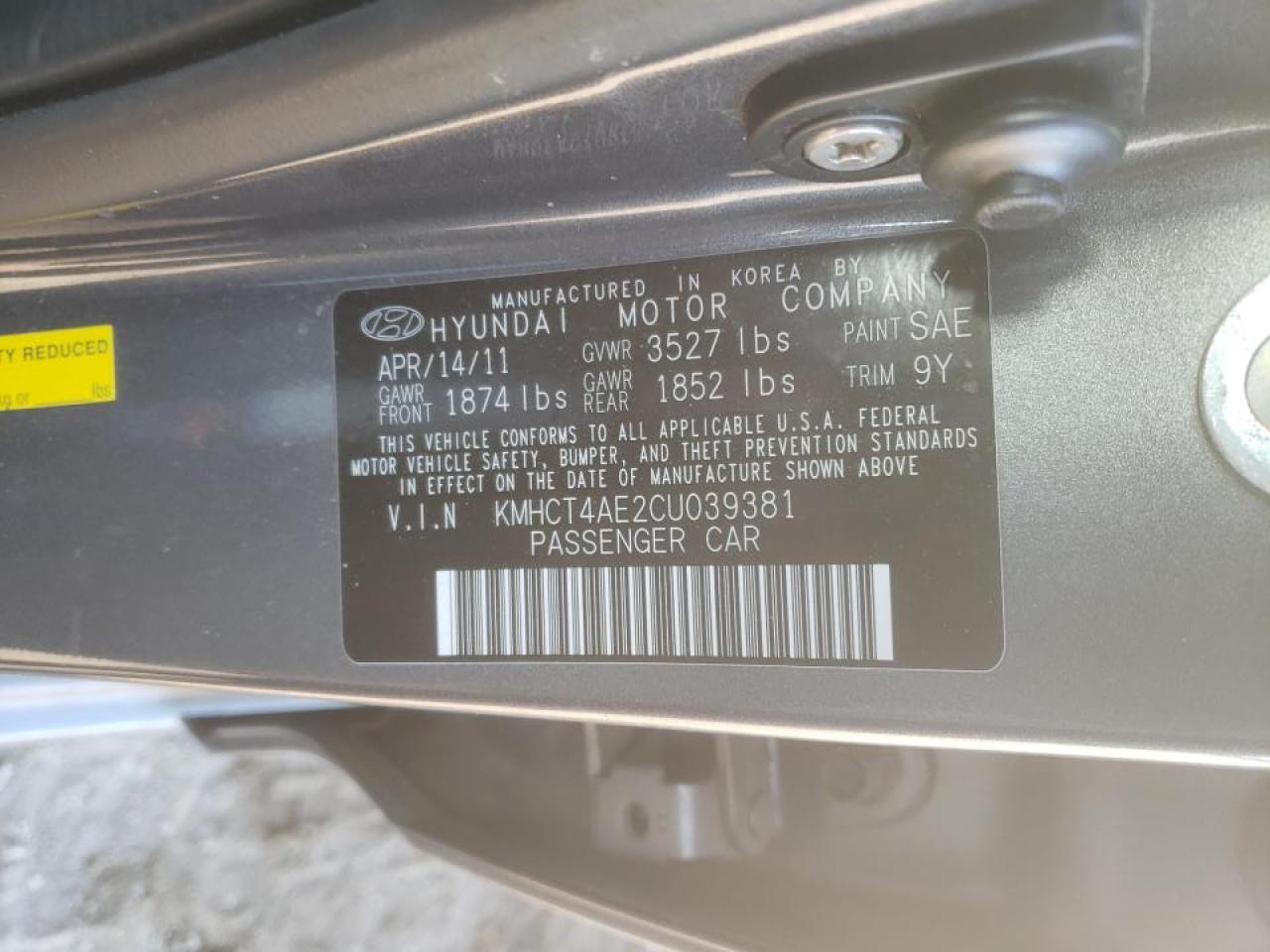 Photo 10 from auction – 2012 HYUNDAI ACCENT GLS with VIN KMHCT4AE2CU039381