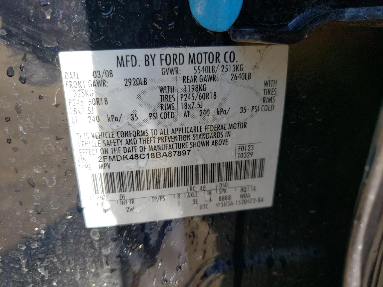 Photo 10 from auction – 2008 FORD EDGE SEL with VIN 2FMDK48C18BA87897