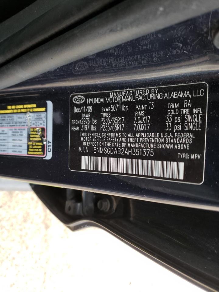 Photo 10 from auction – 2010 HYUNDAI SANTA FE G with VIN 5NMSGDAB2AH351375