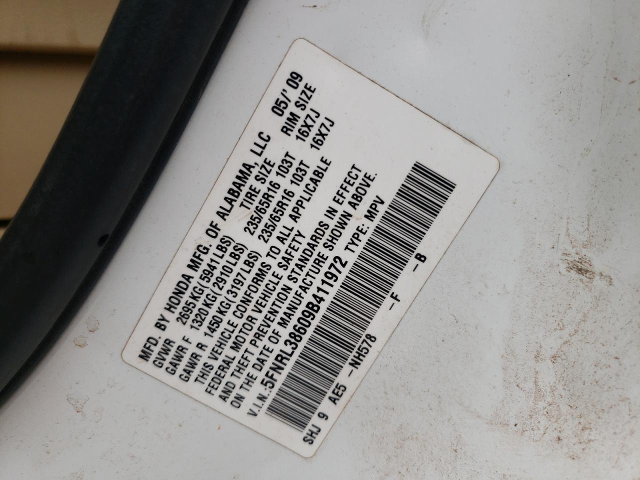 Photo 10 from auction – 2009 HONDA ODYSSEY EX with VIN 5FNRL38609B411972