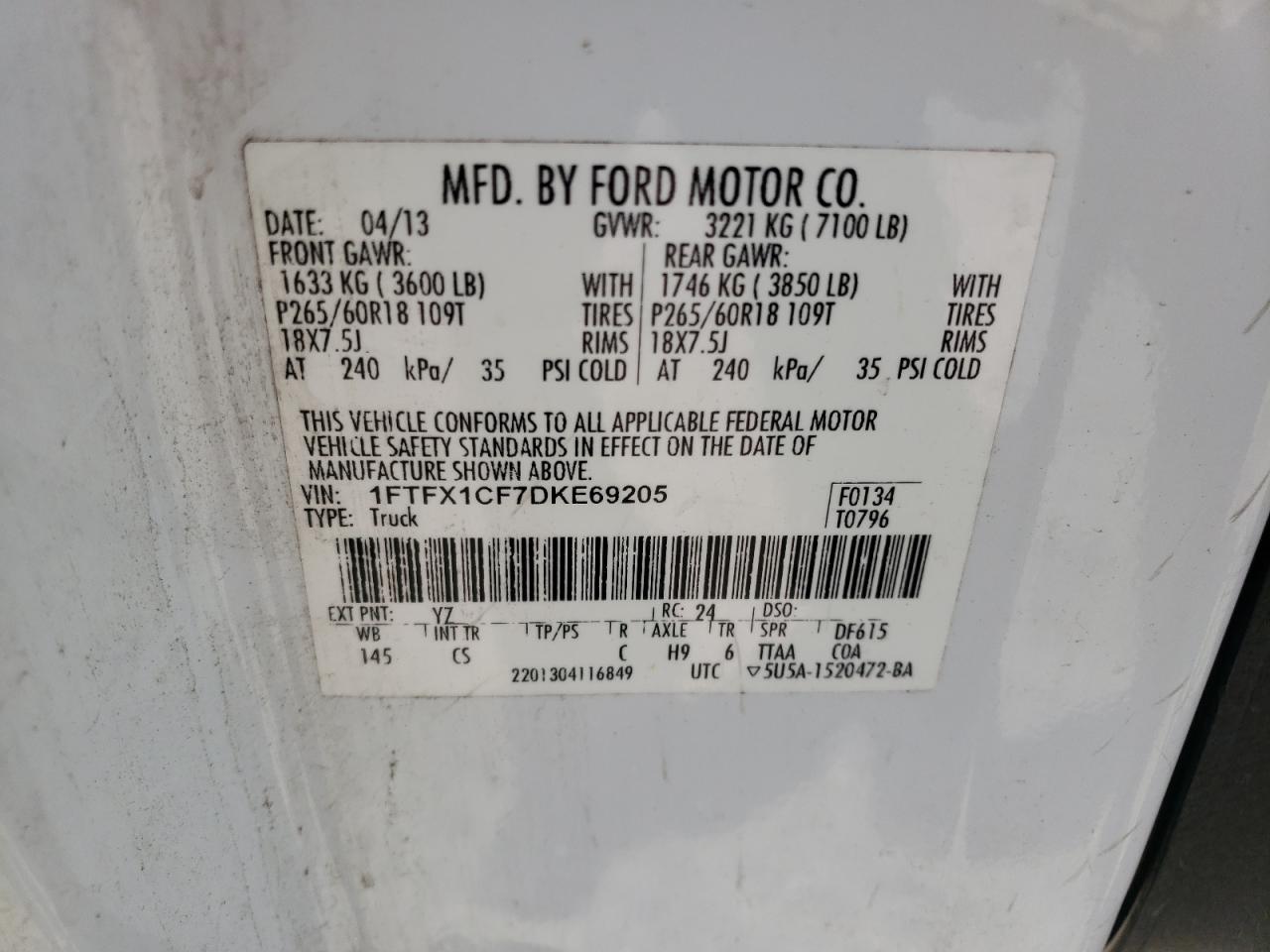 Photo 10 from auction – 2013 FORD F150 SUPER with VIN 1FTFX1CF7DKE69205