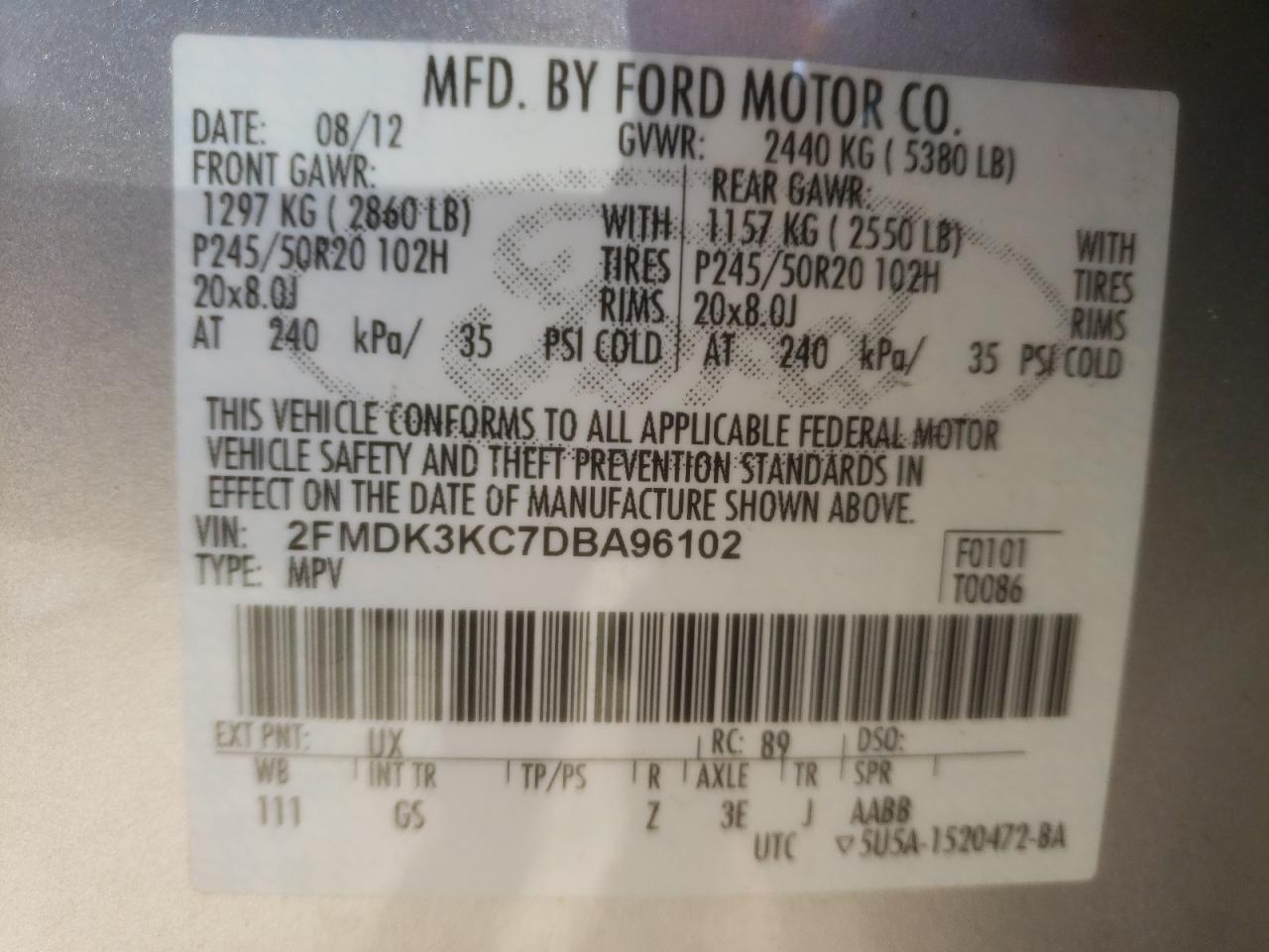 Photo 10 from auction – 2013 FORD EDGE LIMIT with VIN 2FMDK3KC7DBA96102