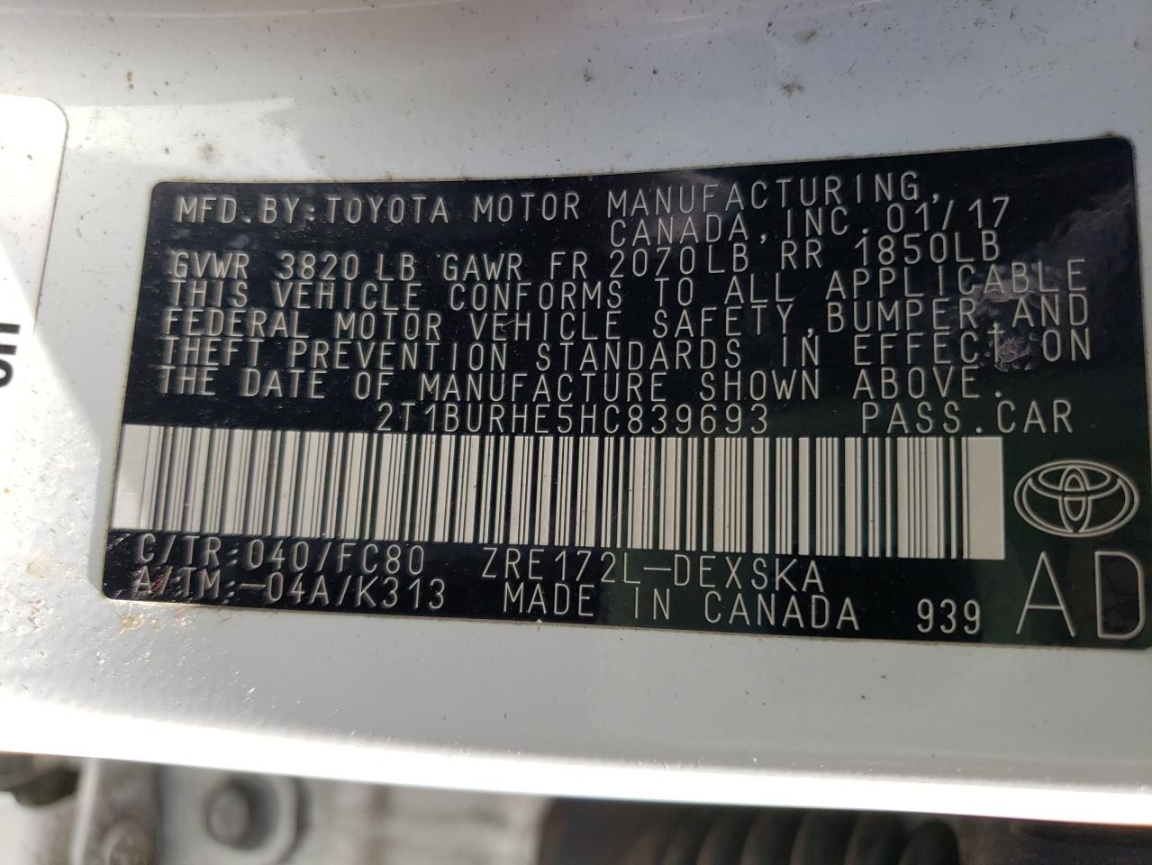 Photo 10 from auction – 2017 TOYOTA COROLLA L with VIN 2T1BURHE5HC839693