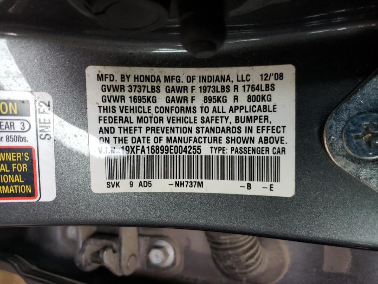 Photo 10 from auction – 2009 HONDA CIVIC EX with VIN 19XFA16899E004255