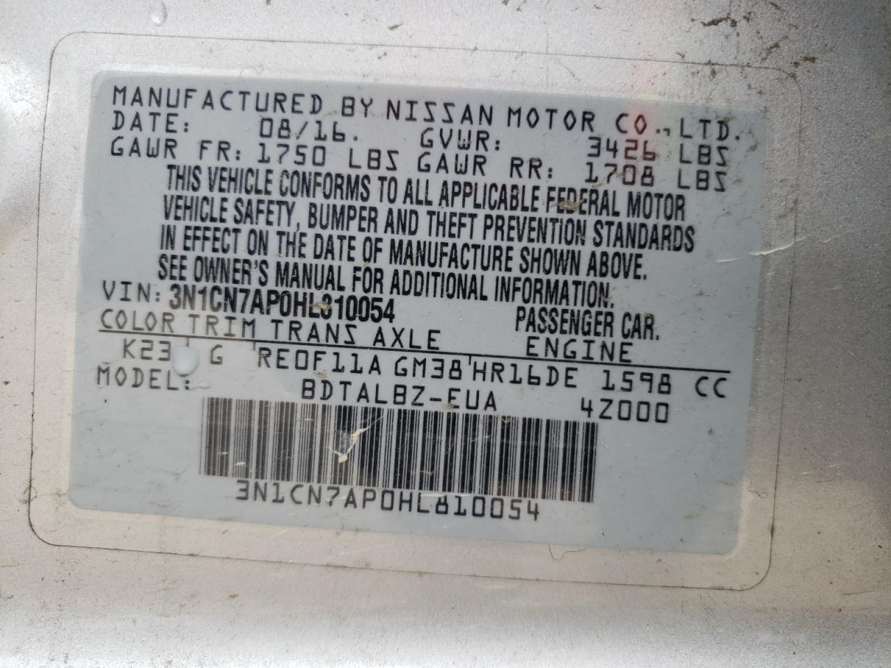 Photo 10 from auction – 2017 NISSAN VERSA S with VIN 3N1CN7AP0HL810054