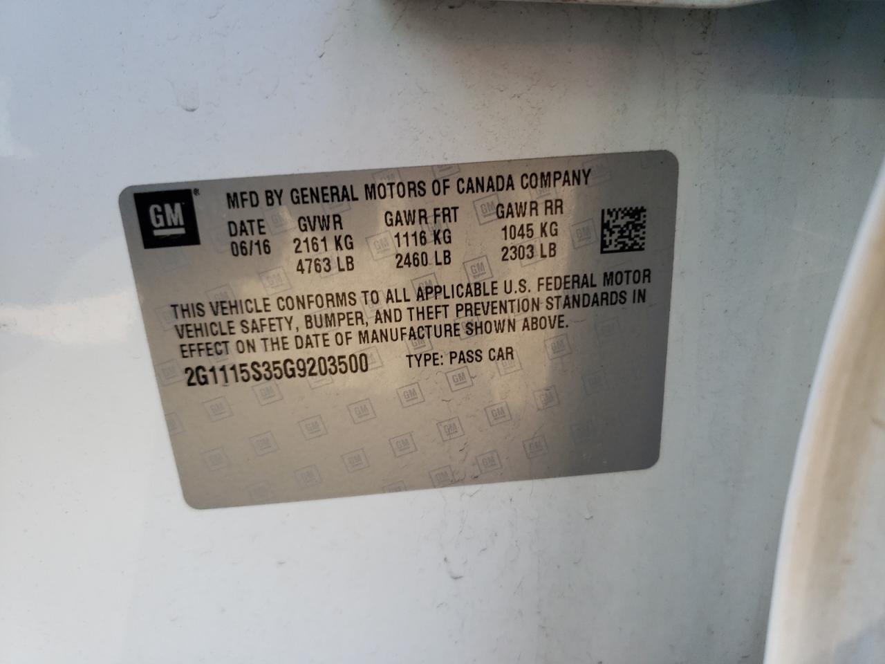 Photo 10 from auction – 2016 CHEVROLET IMPALA LT with VIN 2G1115S35G9203500