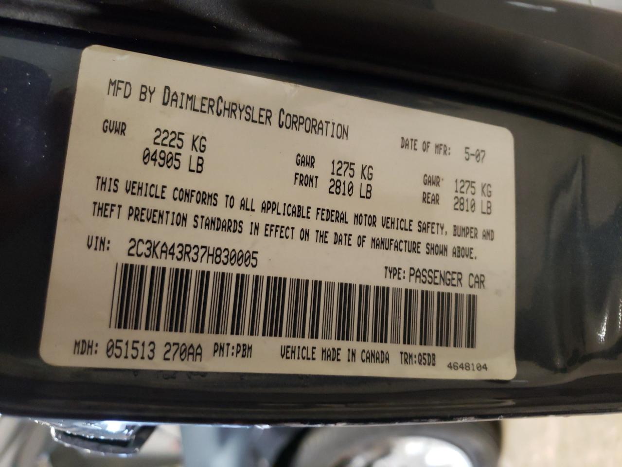 Photo 10 from auction – 2007 CHRYSLER 300 with VIN 2C3KA43R37H830005