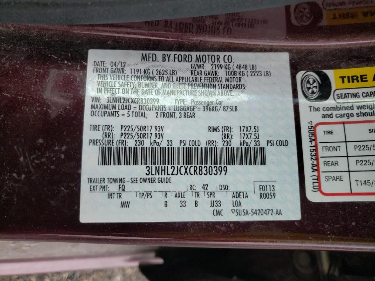 Photo 10 from auction – 2012 LINCOLN MKZ with VIN 3LNHL2JCXCR830399